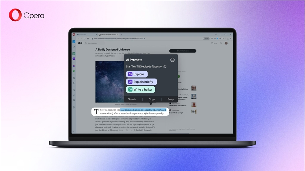 Opera 桌面浏览器正式上线生成式 AI 工具