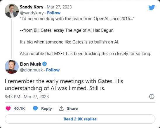 马斯克称比尔・盖茨对 AI 的理解太有限，多年来依然如此