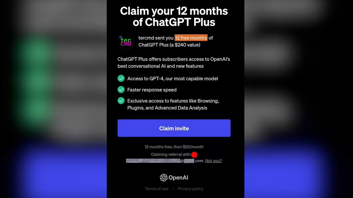 部分 ChatGPT Plus 订阅用户可邀请他人免费试用，但仅有一次机会