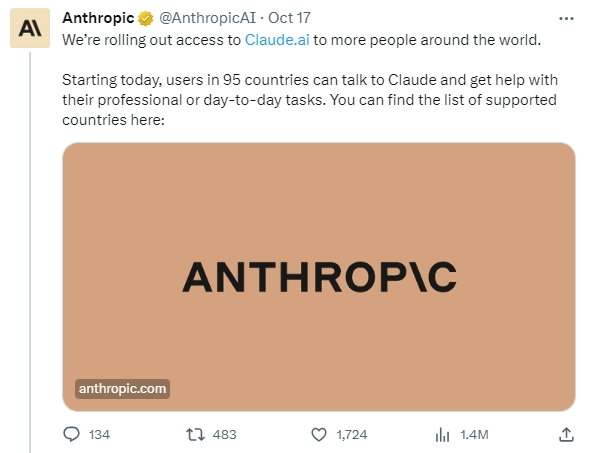Anthropic:Claude已向95个国家/地区的用户开放