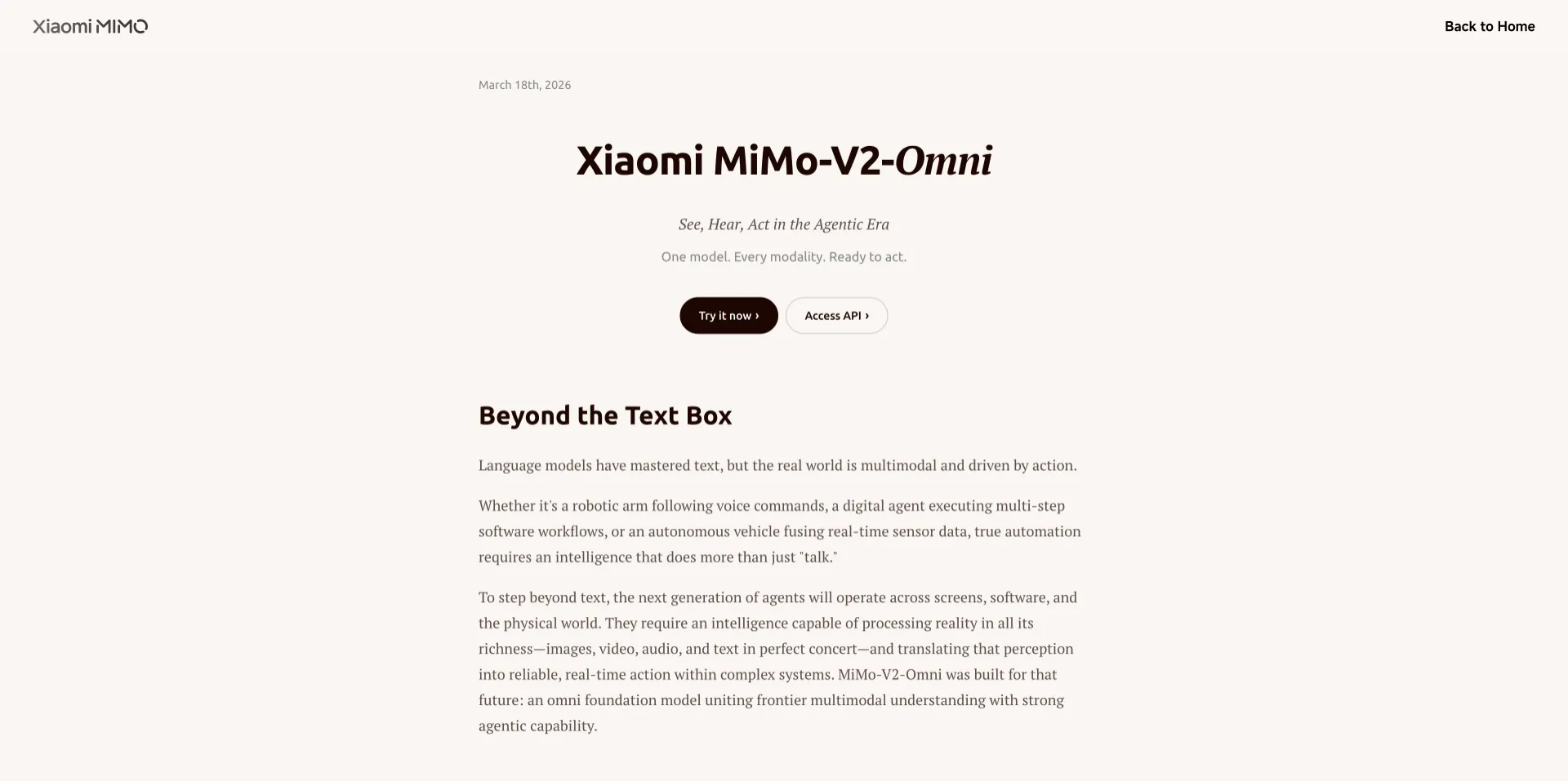 Xiaomi MiMo-V2-Omni:小米全模态 Agent 基座模型,图像视频音频文本统一理解
