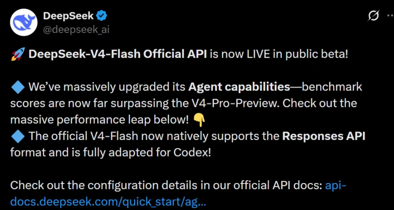 DeepSeek-V4-Flash 正式版 API 开启公测:Agent能力大幅提升,原生适配Codex