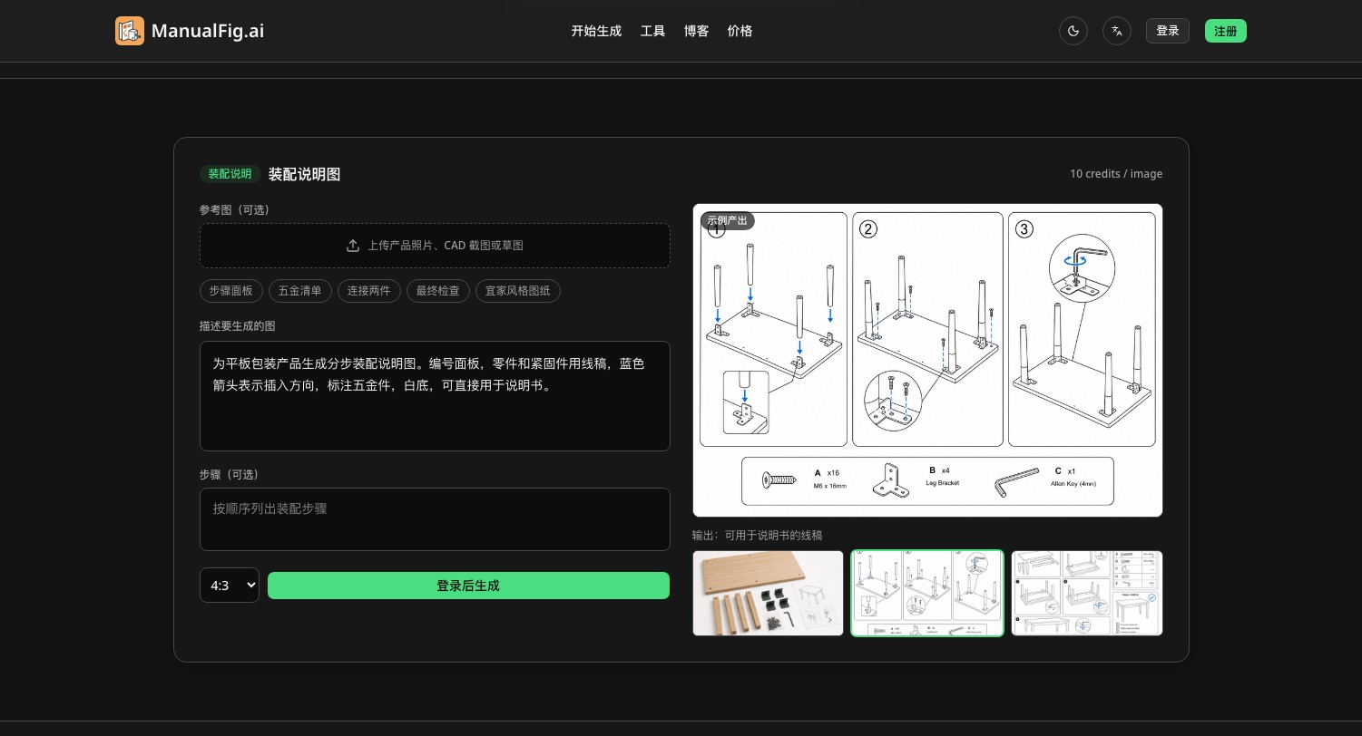 ManualFig - AI 产品说明书插图生成器,照片秒变装配说明与线稿